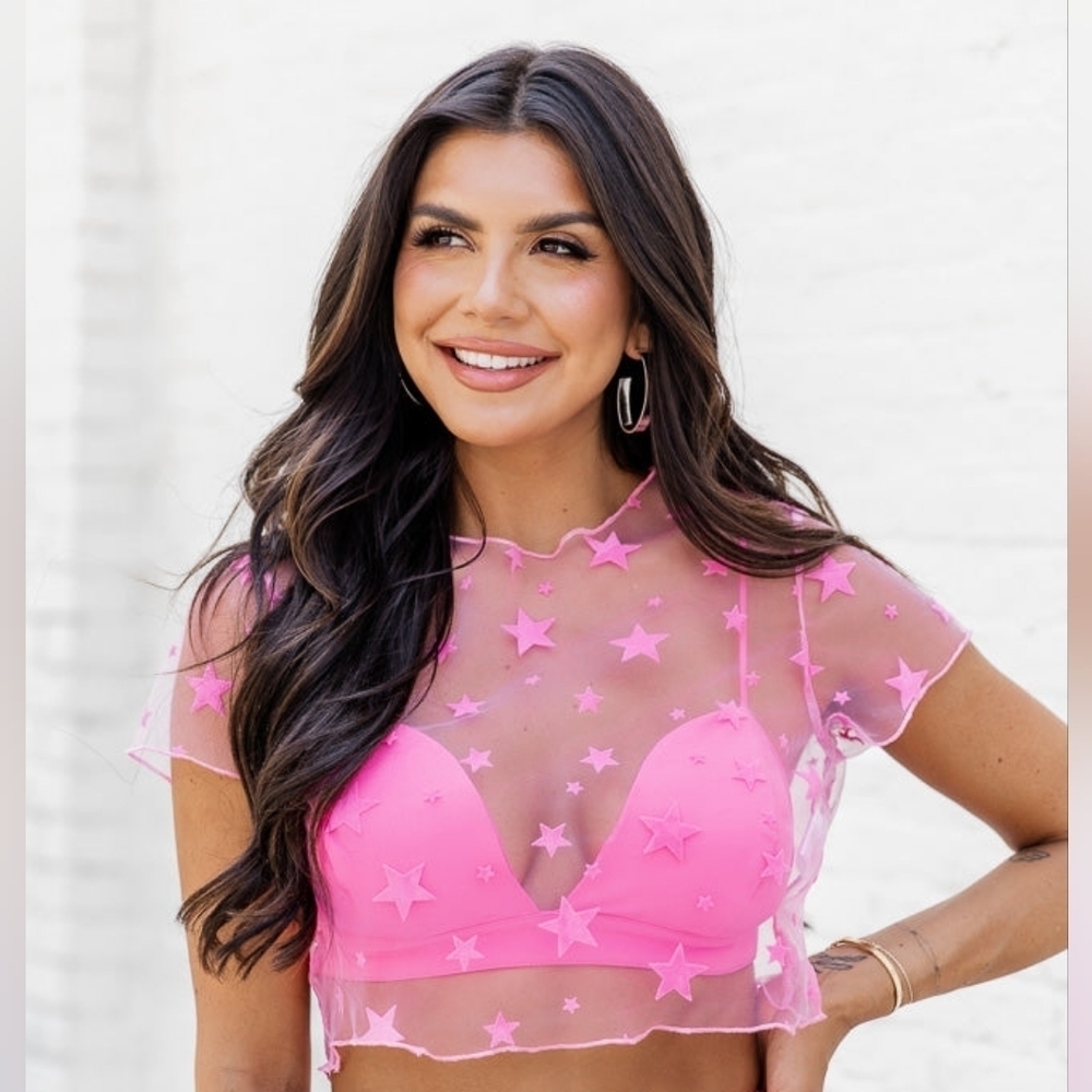 Follow The Sparks Pink Star Mesh Crop Top With Bralette